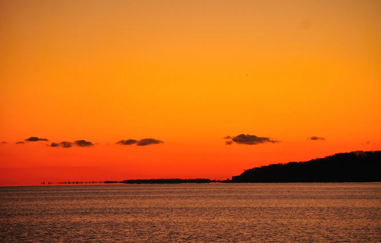 Photo wallpaper sea, the sky, clouds, sunset, shore, glow