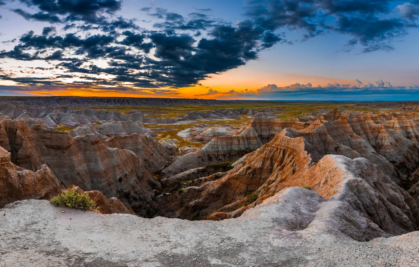 Photo wallpaper sunrise, rocks, dawn, panorama, Badlands National Park, South Dakota, South Dakota, Badlands national Park