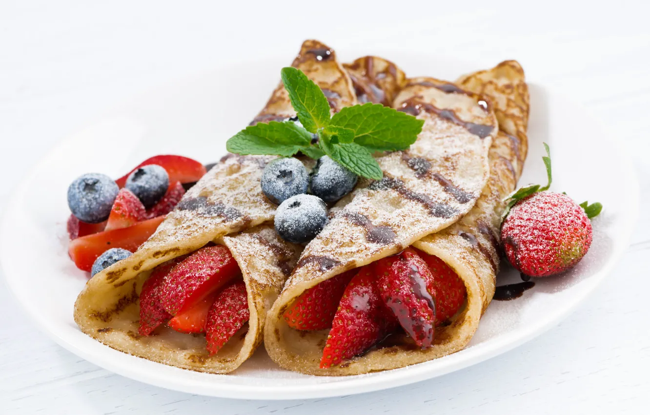 Photo wallpaper berries, chocolate, strawberry, mint, blueberries, pancakes