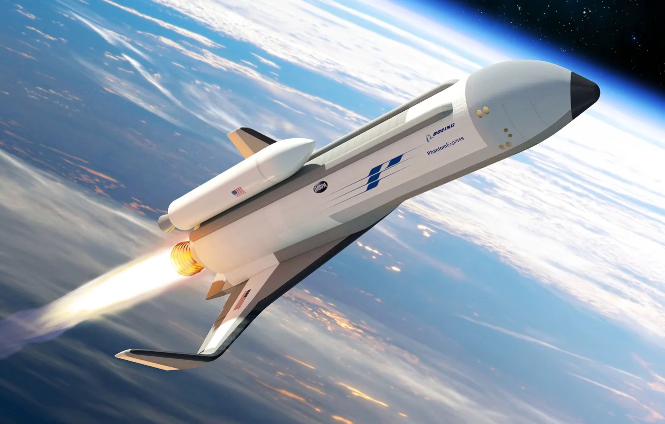 Photo wallpaper stars, flight, planet, art, orbit, Boeing, spaceship, Spaceplane