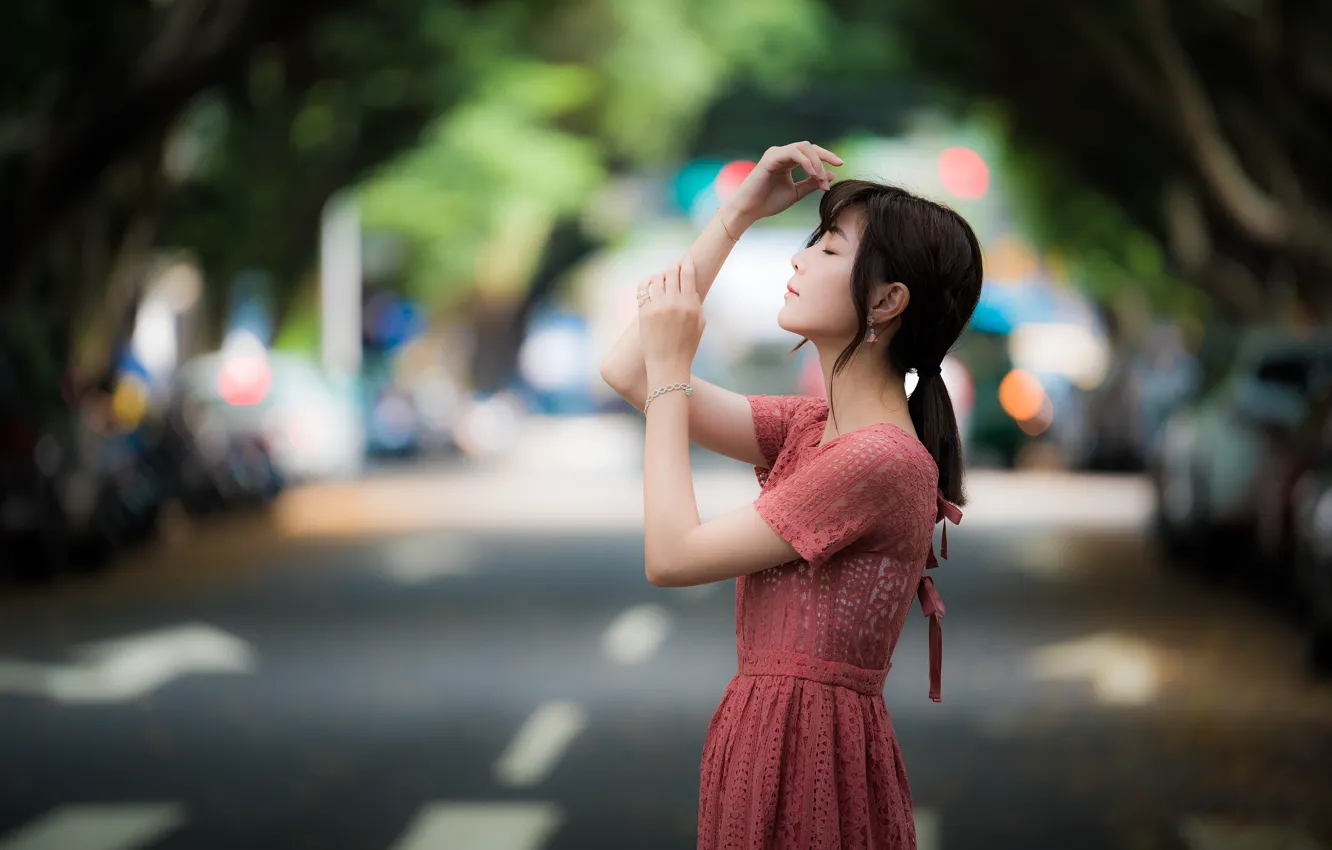 Photo wallpaper girl, pose, Asian, cutie, bokeh