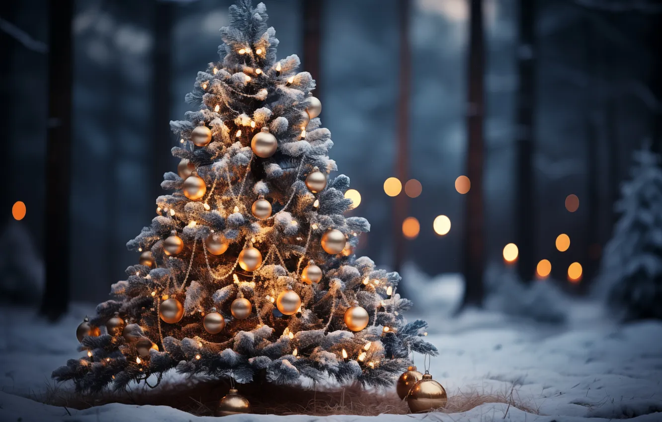 Photo wallpaper winter, snow, night, tree, Christmas, New year, Christmas, night
