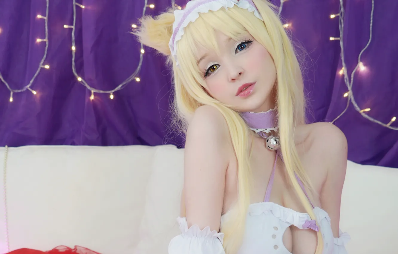 Photo wallpaper girl, sexy, cleavage, blouse, long hair, boobs, animal ears, blue eyes