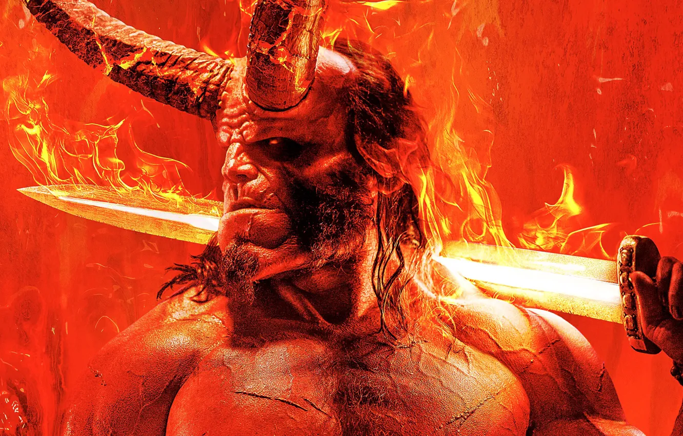 Photo wallpaper red, background, fiction, fire, sword, horns, poster, Hellboy