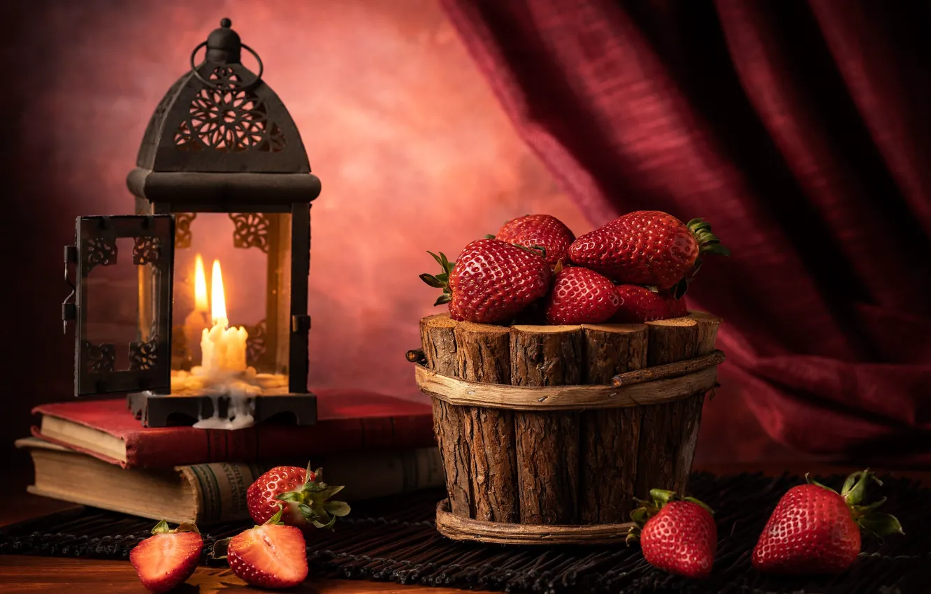 Photo wallpaper style, berries, books, lamp, candle, strawberry, lantern, still life
