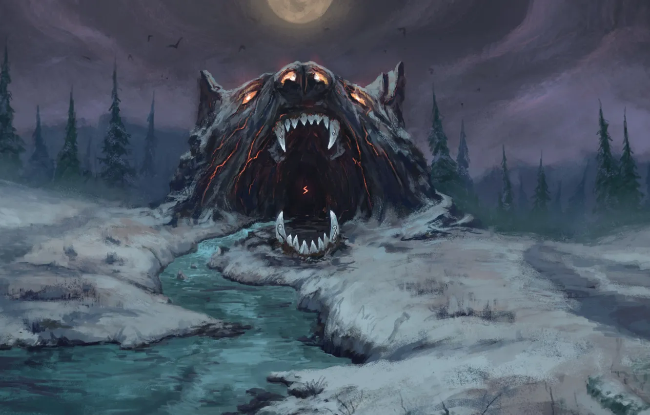 Photo wallpaper winter, fiction, figure, wolf, art, mouth, fantasy, Mythology