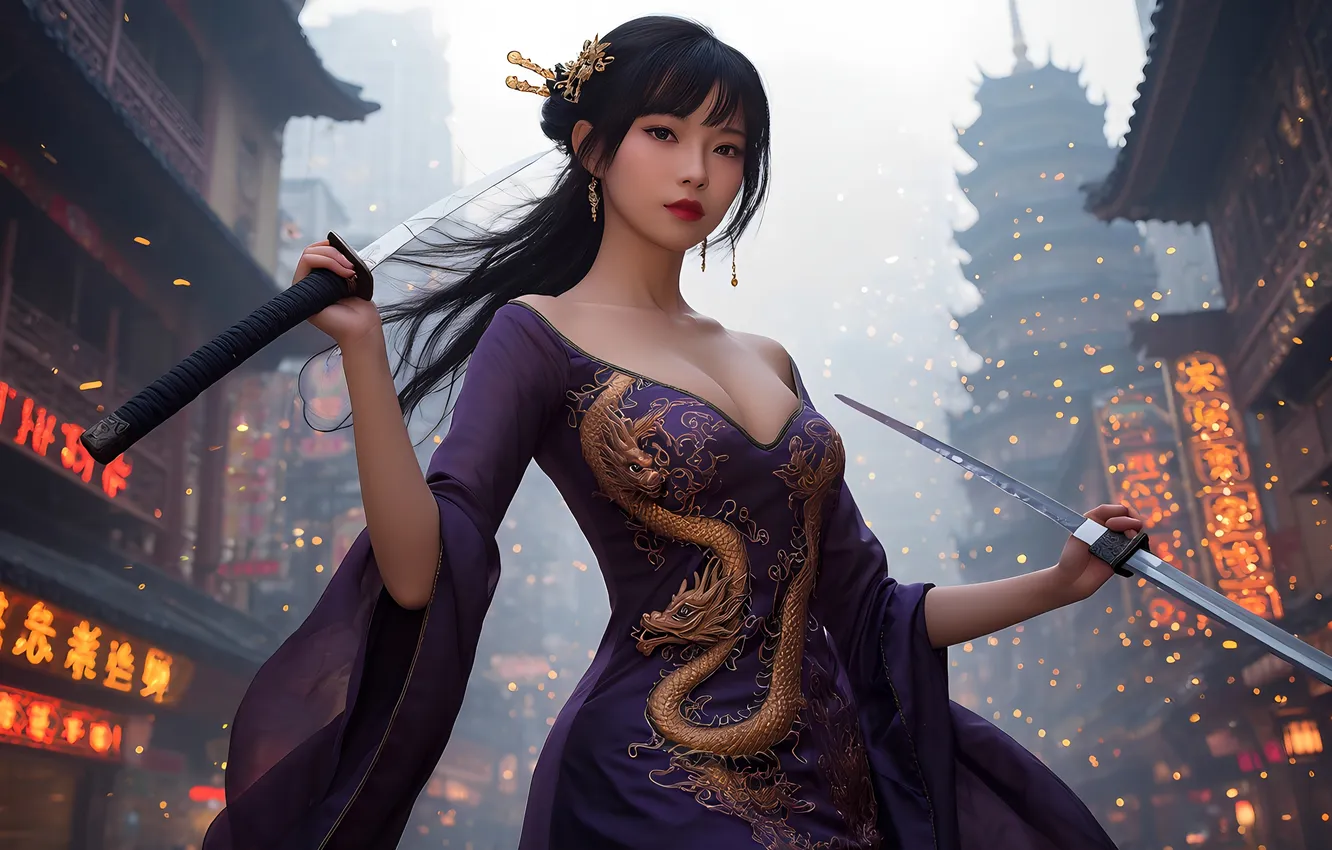 Photo wallpaper girl, the city, sword, hairstyle, Chinese, Asian