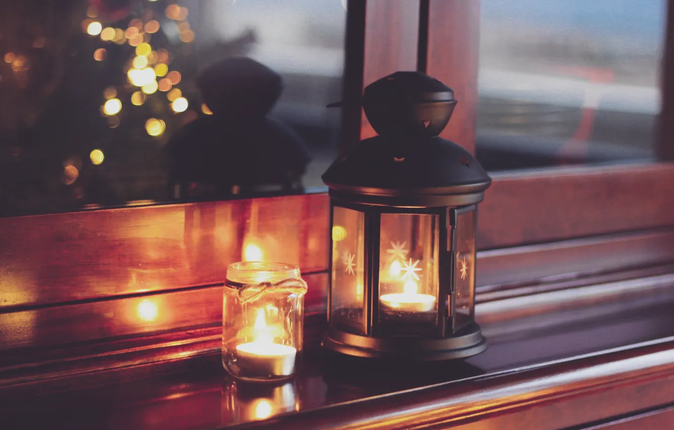 Photo wallpaper lights, Christmas, home, candles, lantern
