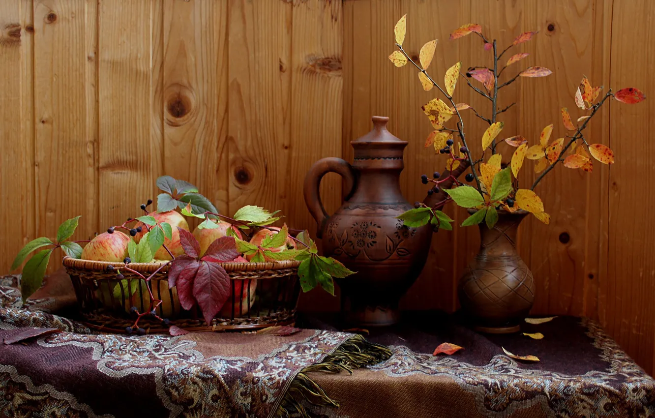 Photo wallpaper autumn, leaves, apples, fruit, still life
