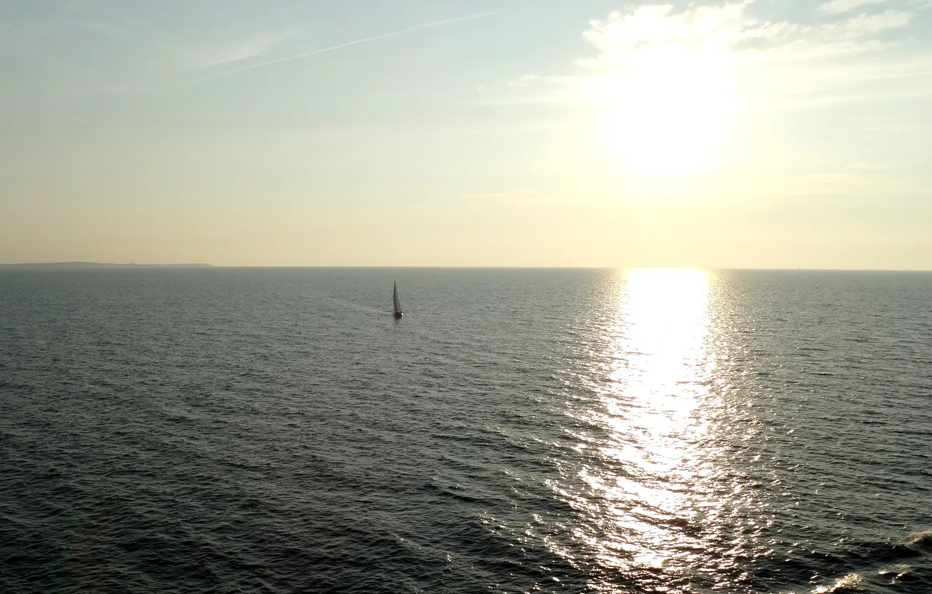 Photo wallpaper sea, the sun, reflection, coast, boat, yacht, Denmark, panorama