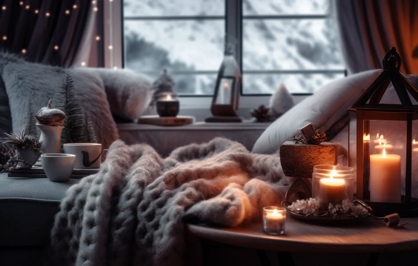 Photo wallpaper new year, room, furniture, interior, candles, AI art, heat, comfort