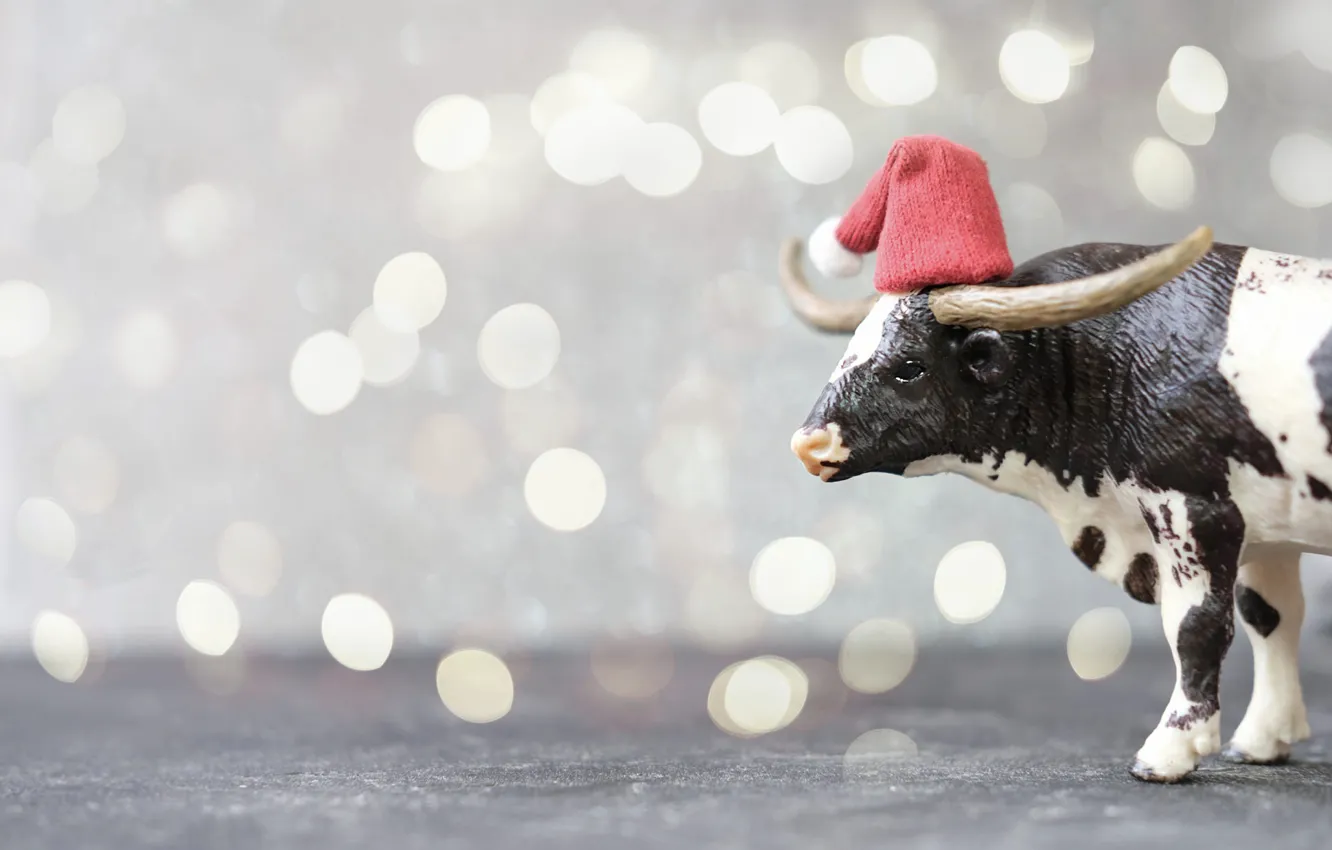 Photo wallpaper lights, holiday, black and white, toy, cow, Christmas, New year, horns