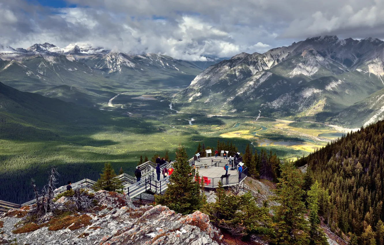 Photo wallpaper clouds, landscape, mountains, nature, people, valley, Playground