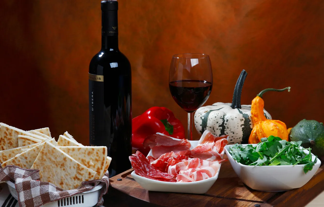 Photo wallpaper greens, table, wine, glass, bottle, meat, pumpkin, pepper