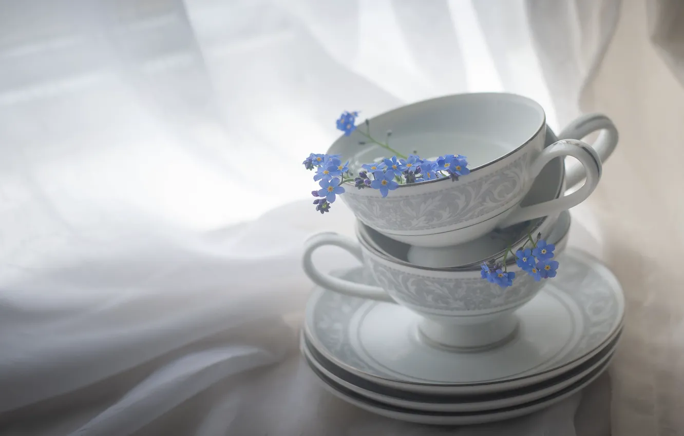 Photo wallpaper light, flowers, blue, Cup, dishes, fabric, stack, white