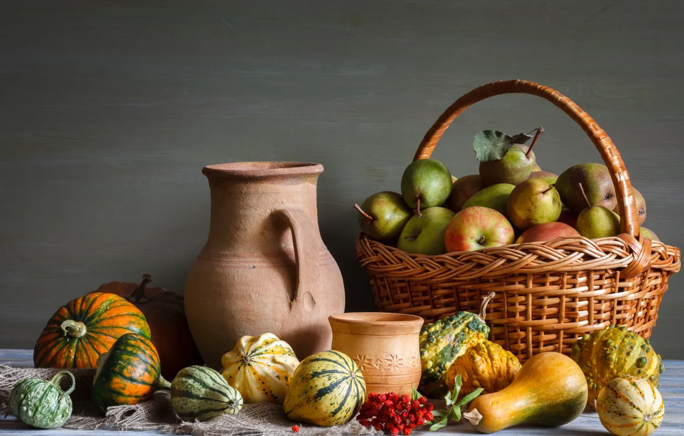 Photo wallpaper basket, apples, pumpkin, pitcher