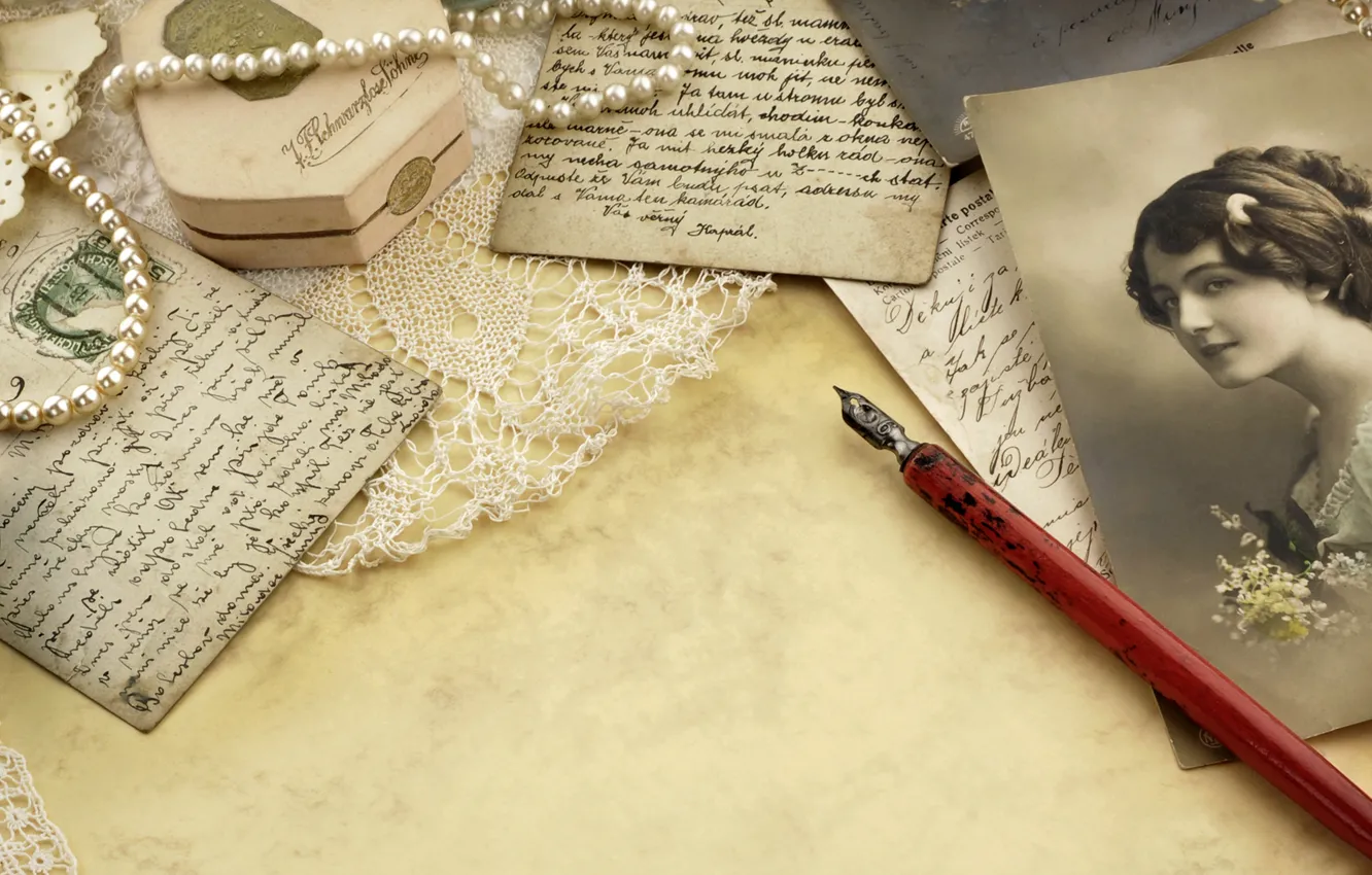 Photo wallpaper letter, girl, retro, paper, handle, pearl, beads, photos