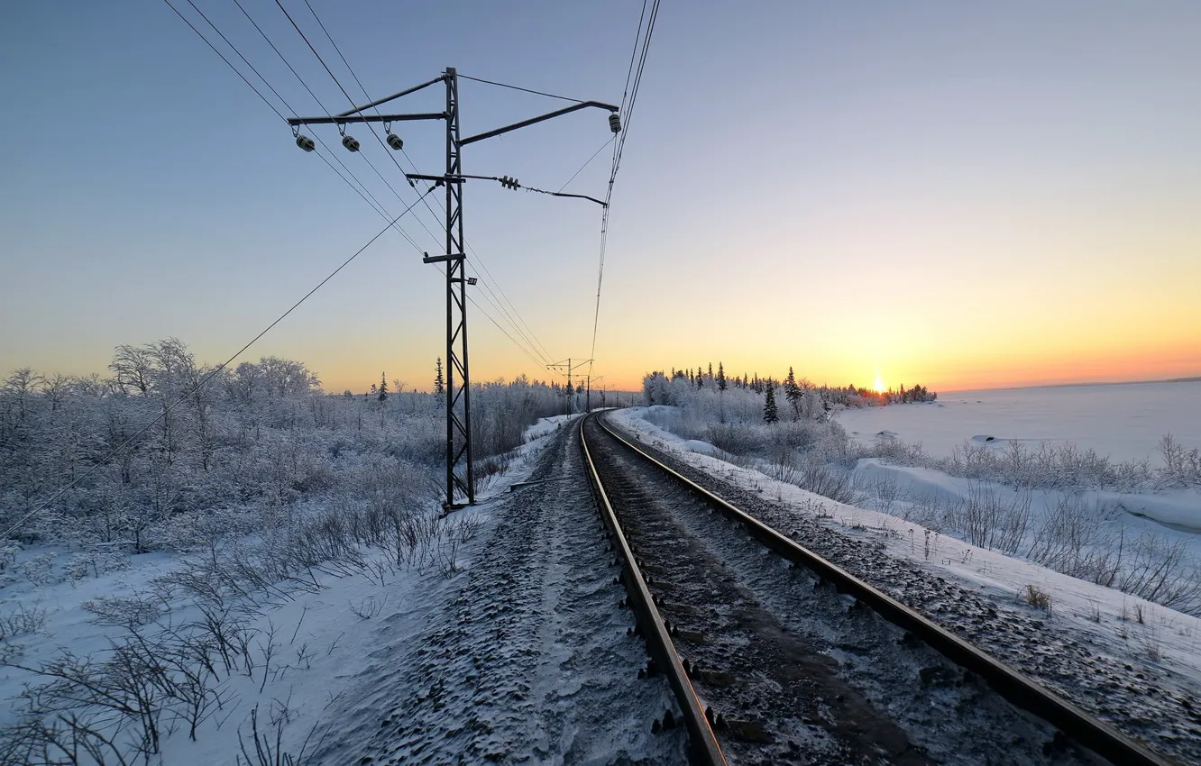 Photo wallpaper winter, snow, morning, railroad