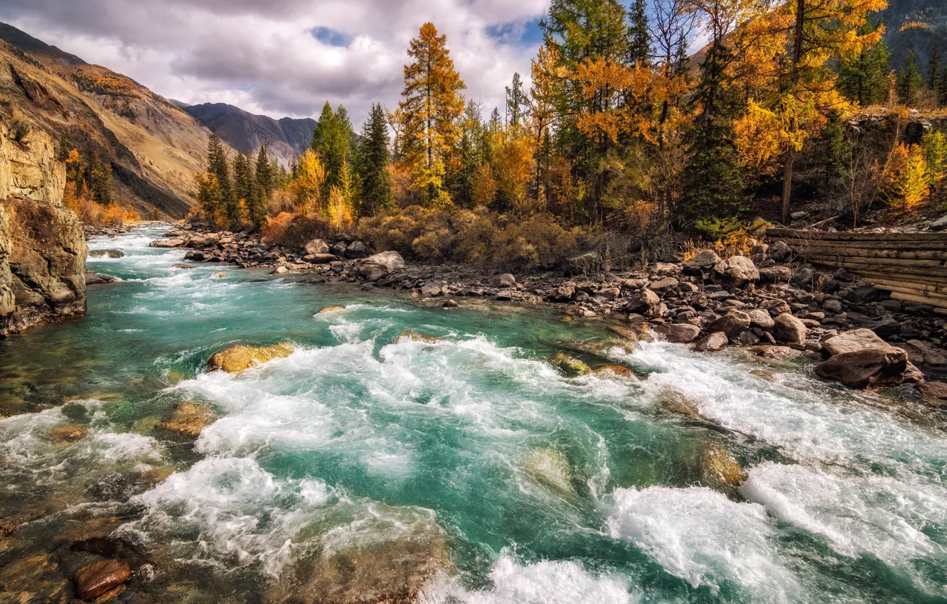 Photo wallpaper autumn, landscape, mountains, nature, river, stones, Altay, Karagem