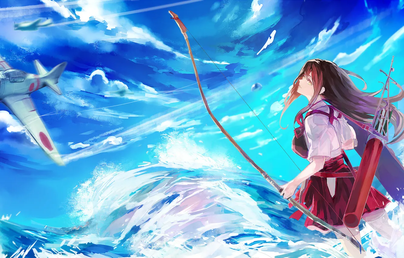 Photo wallpaper the sky, water, Girl, bow, aircraft, arrows