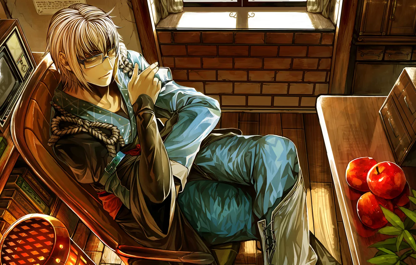 Photo wallpaper apples, chair, TV, glasses, book, guy