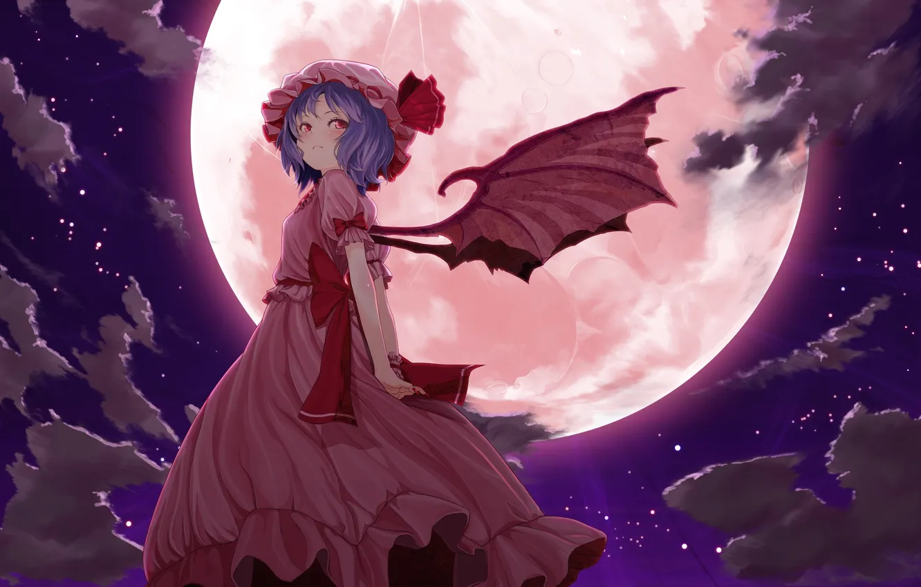 Photo wallpaper clouds, night, the moon, wings, the demon, touhou, Remilia Scarlet