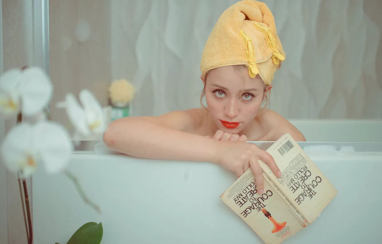 Photo wallpaper look, actress, bath, book, towel on the head, Caylee Cowan, Kayleigh Cowan
