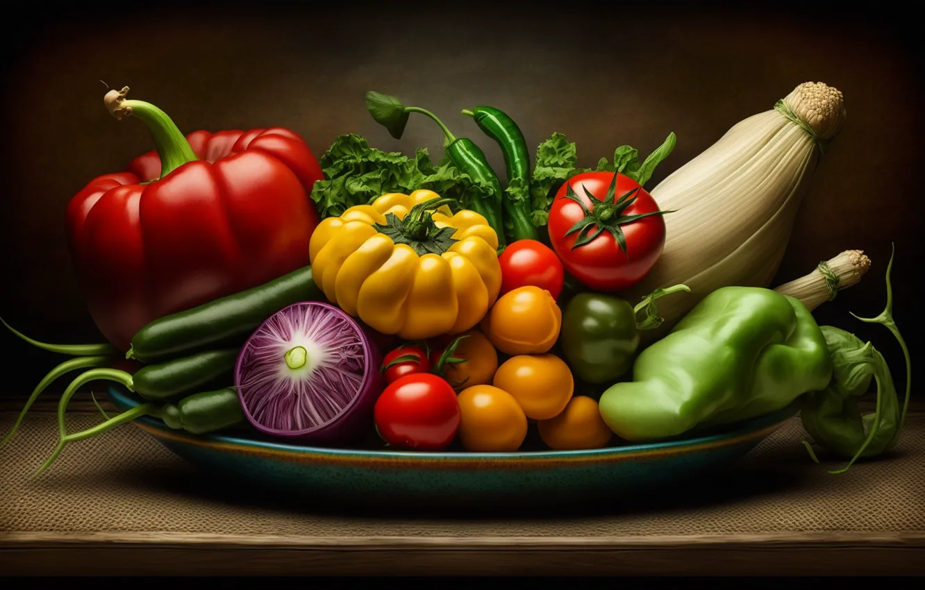 Photo wallpaper greens, yellow, red, green, table, bright, food, corn