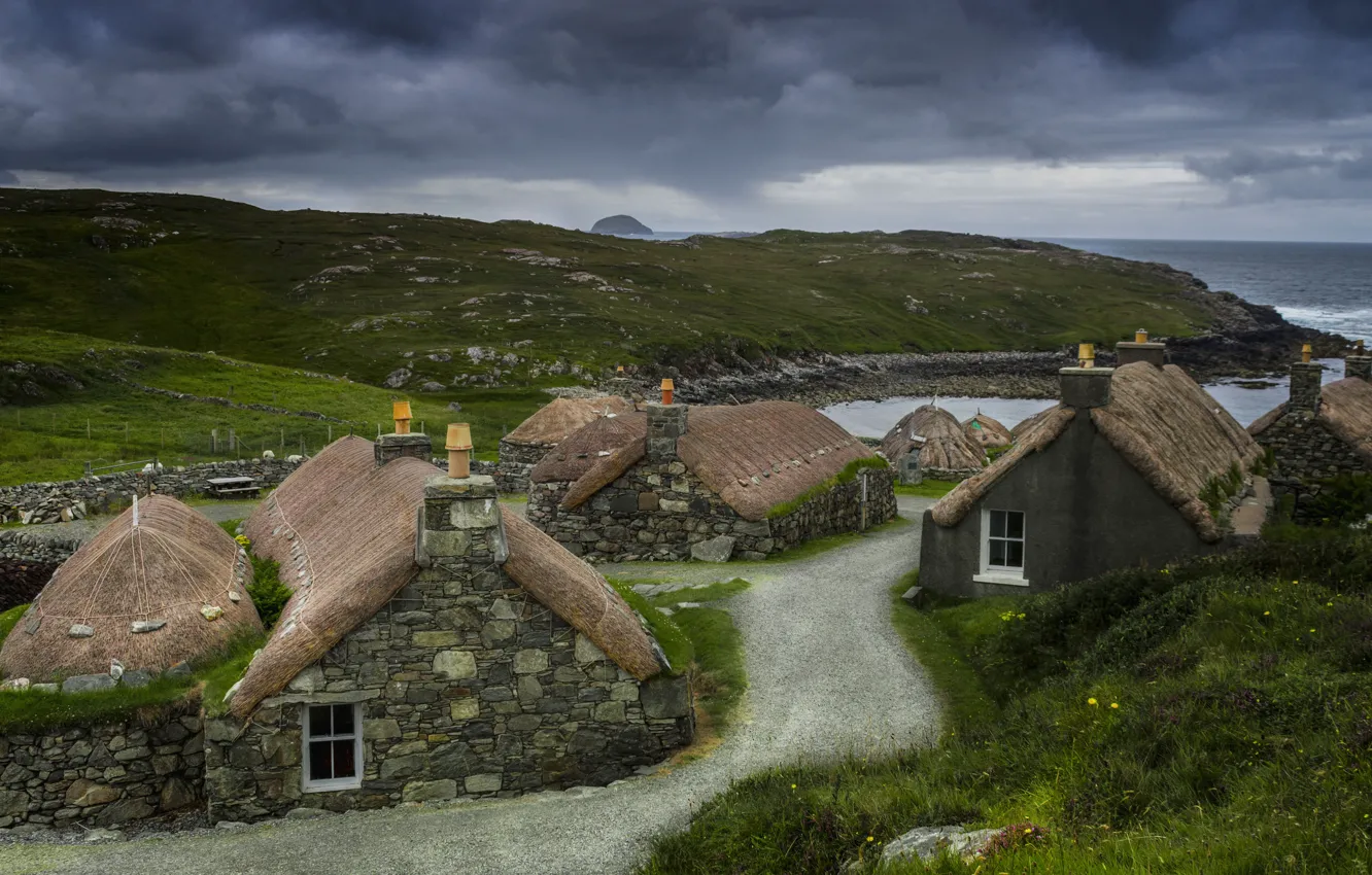 Photo wallpaper landscape, the ocean, home, Scotland, track, the Isle of Lewis, Blackhouse Village, Hebrides