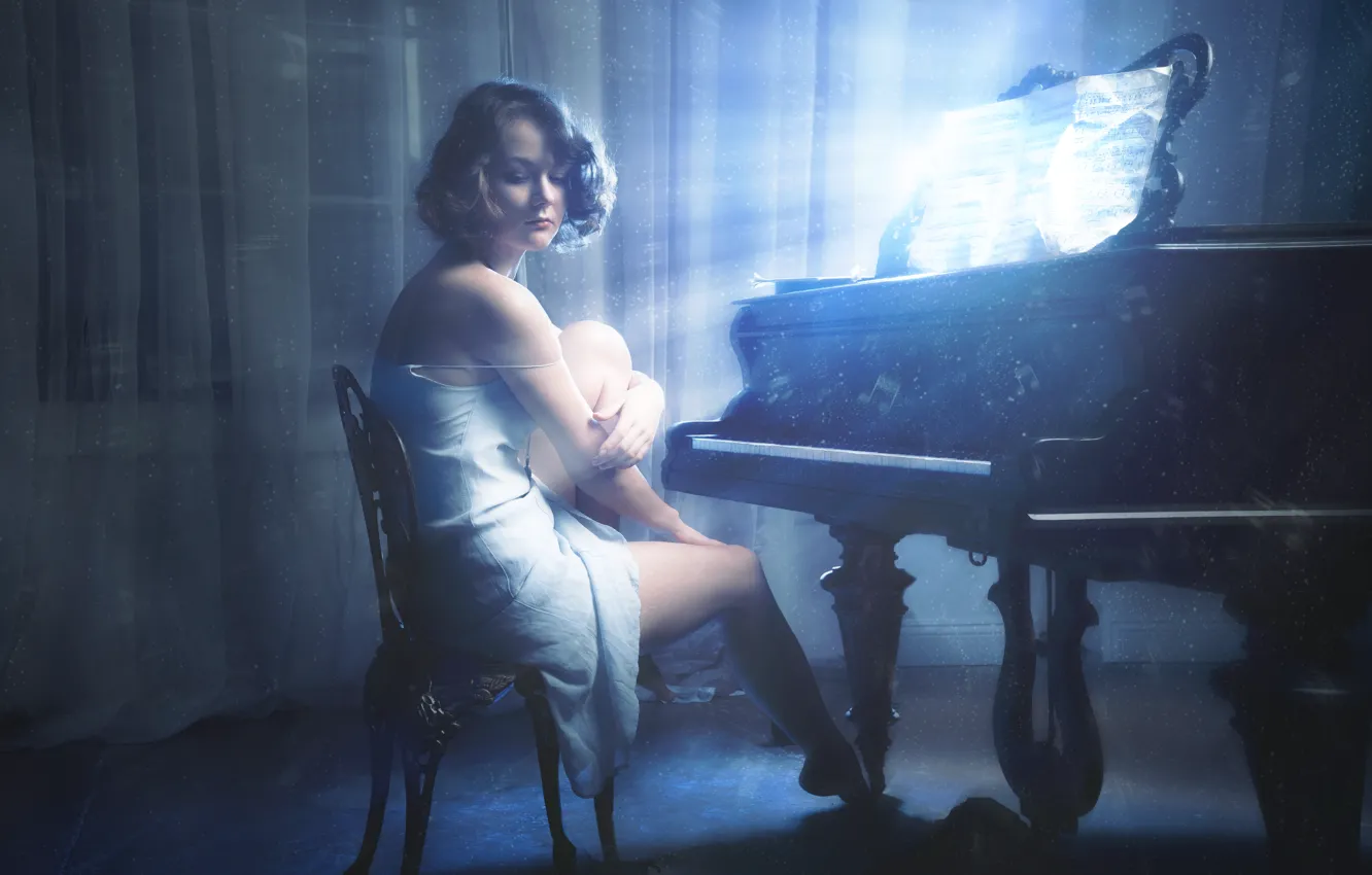 Photo wallpaper girl, notes, music, glow, piano, girl, Music, glow