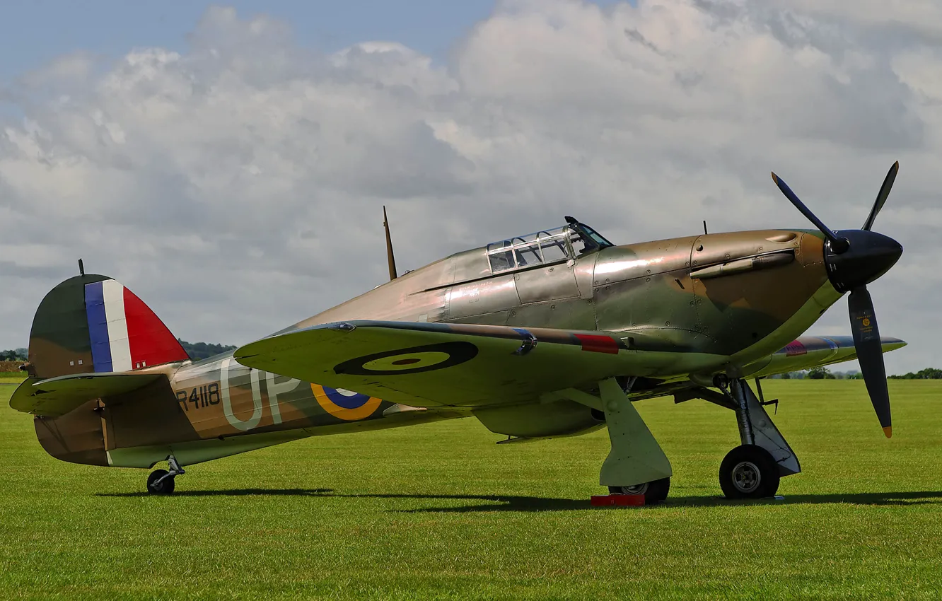 Photo wallpaper field, the sky, grass, time, war, fighter, Hawker Hurricane, interceptor