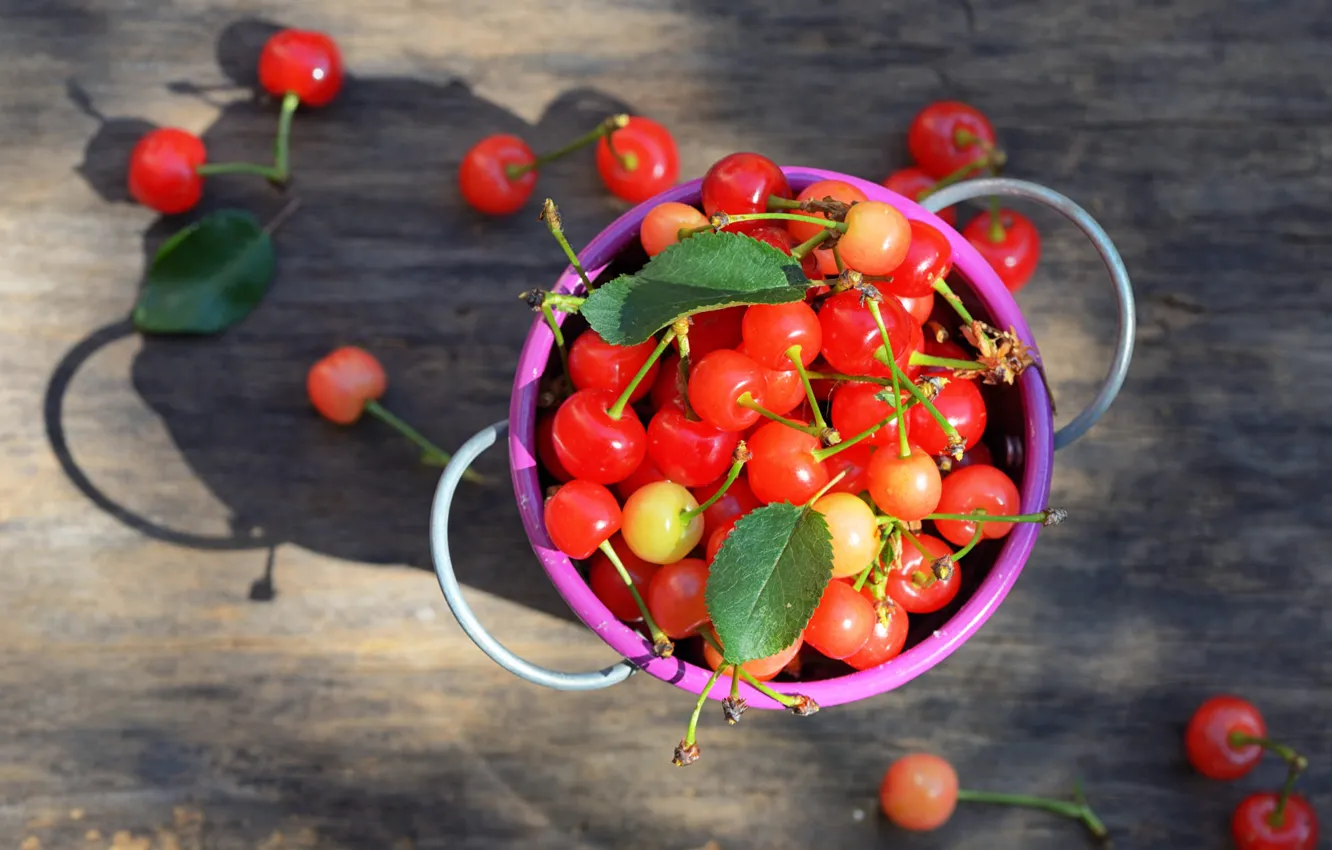 Photo wallpaper light, cherry, berries, Board, food, shadow, cherry, saucepan