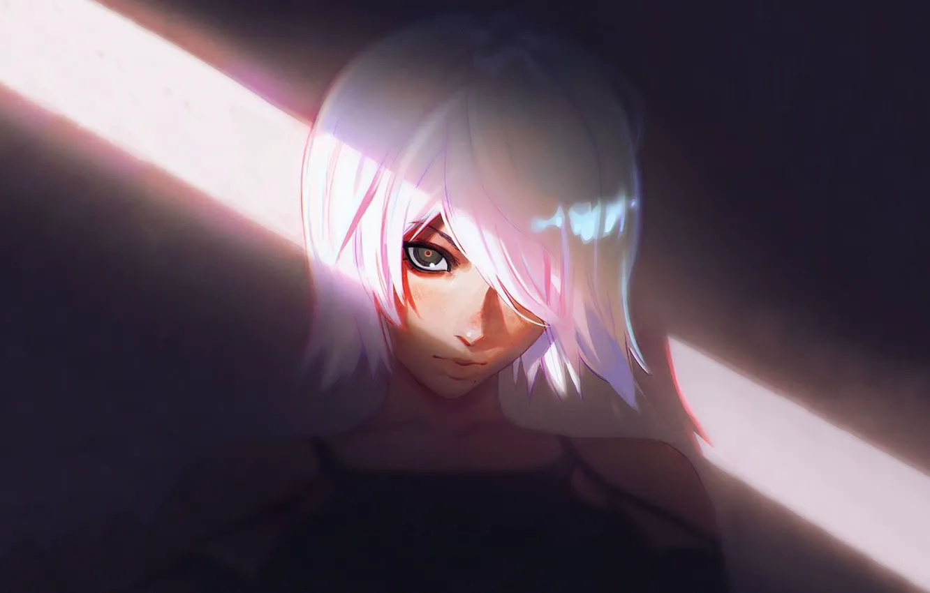 Photo wallpaper face, white hair, bangs, a beam of light, portrait of a girl, look at the …