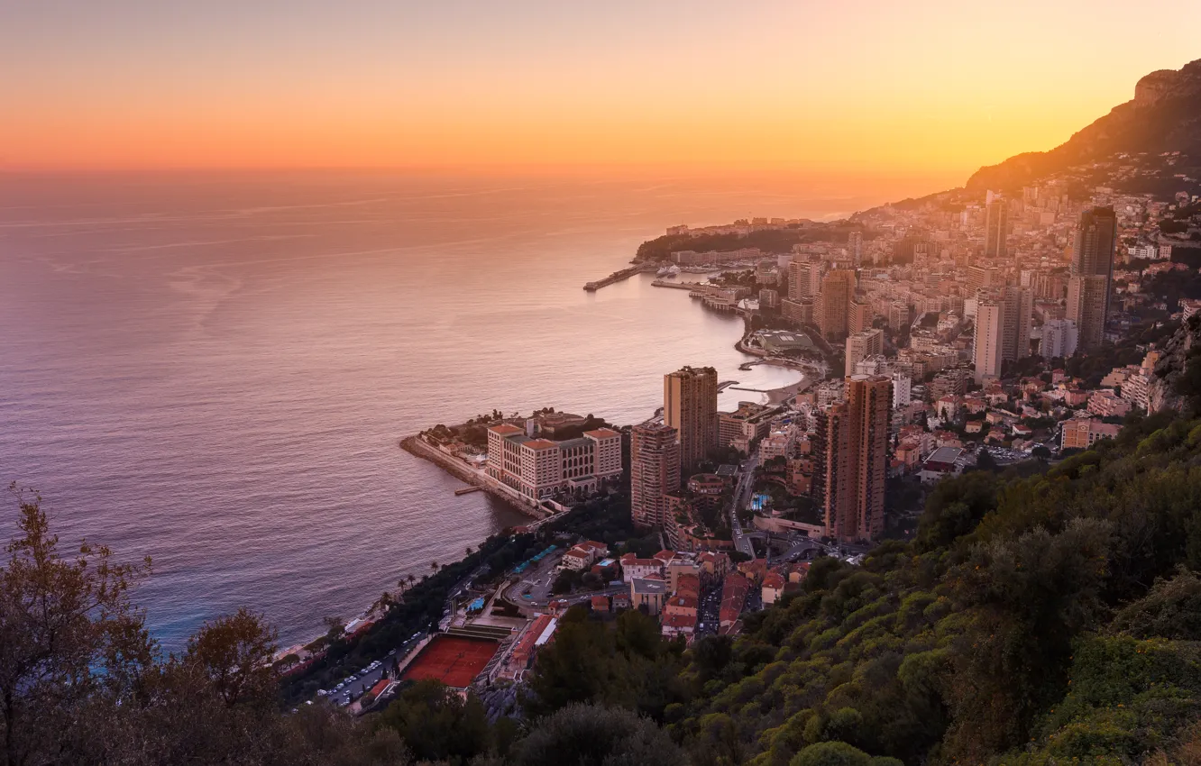 Photo wallpaper sea, dawn, coast, home, horizon, Monaco, Monte Carlo