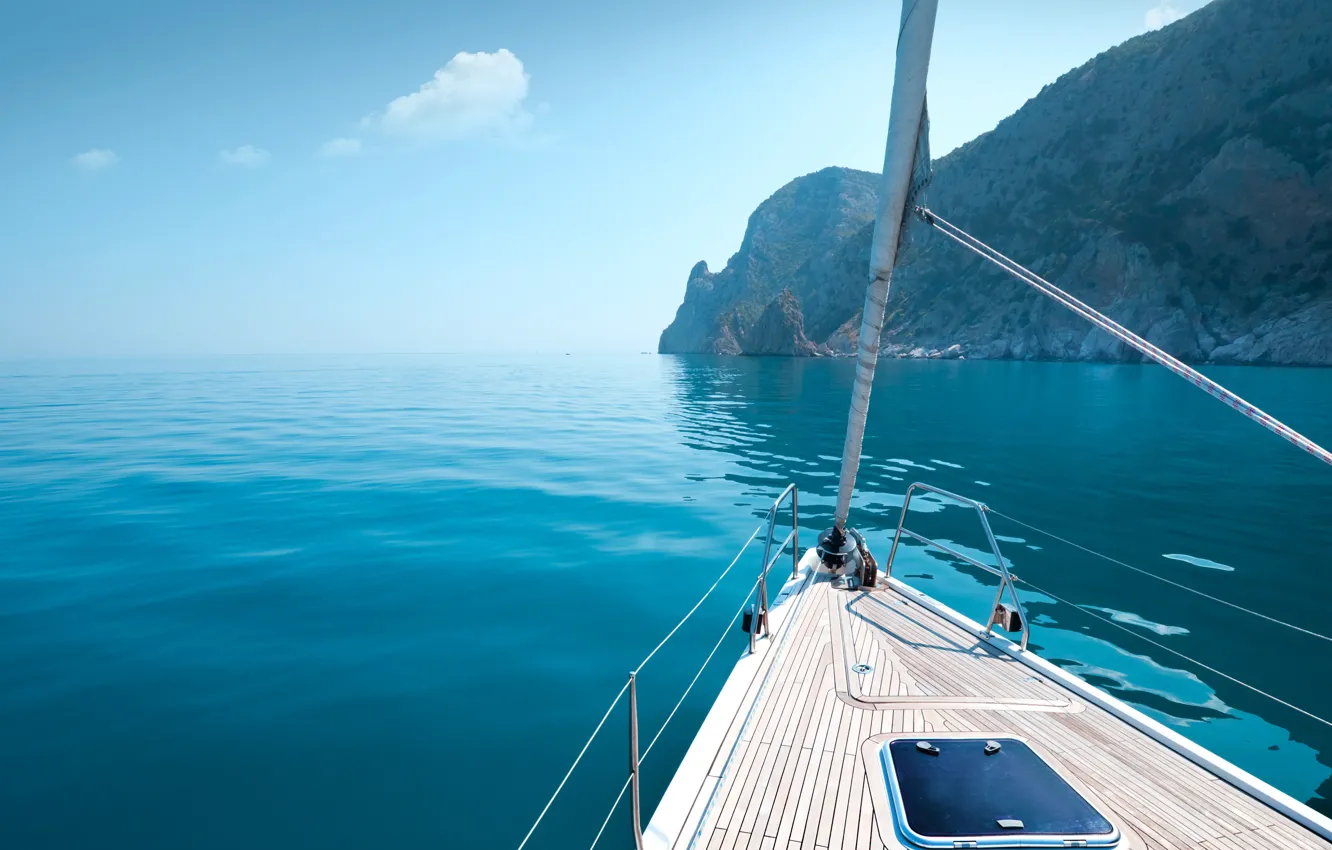 Photo wallpaper sea, rocks, shore, yacht, Greece, calm