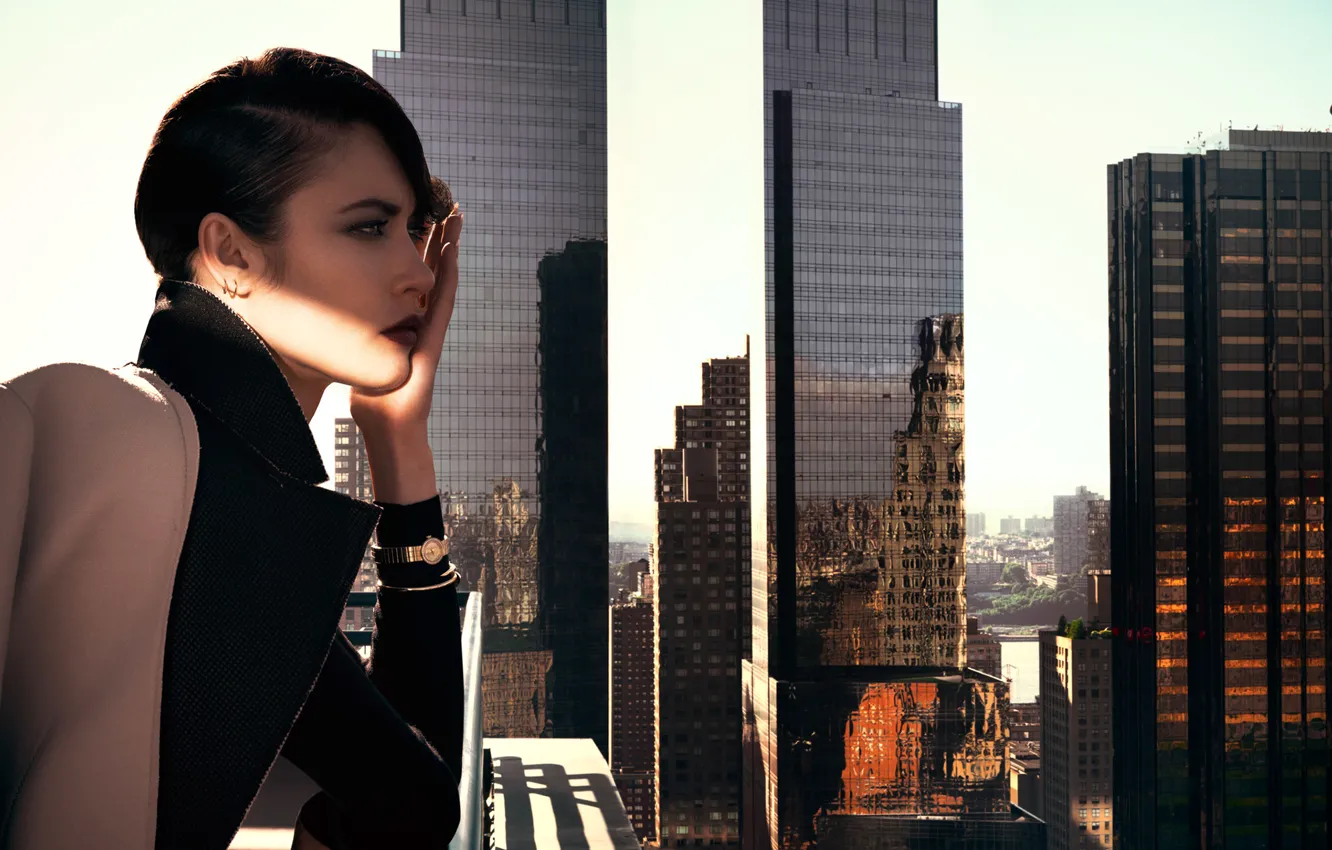 Photo wallpaper the city, reflection, model, home, skyscrapers, actress, brunette, hairstyle