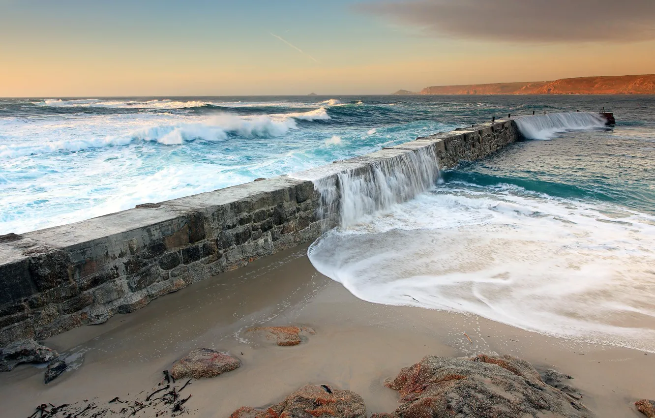 Photo wallpaper sea, wave, the sky, water, landscape, nature, the ocean, the fence