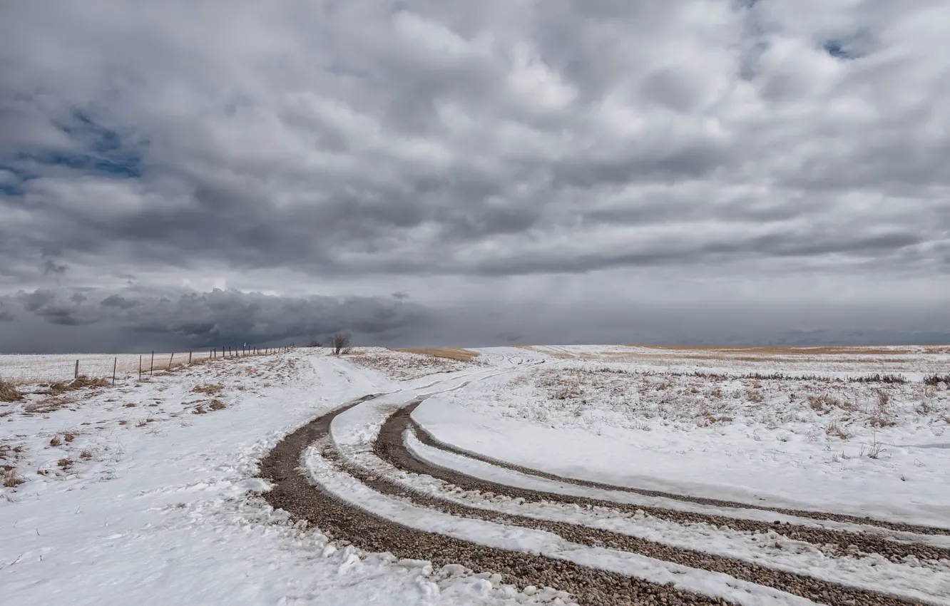 Photo wallpaper road, field, snow