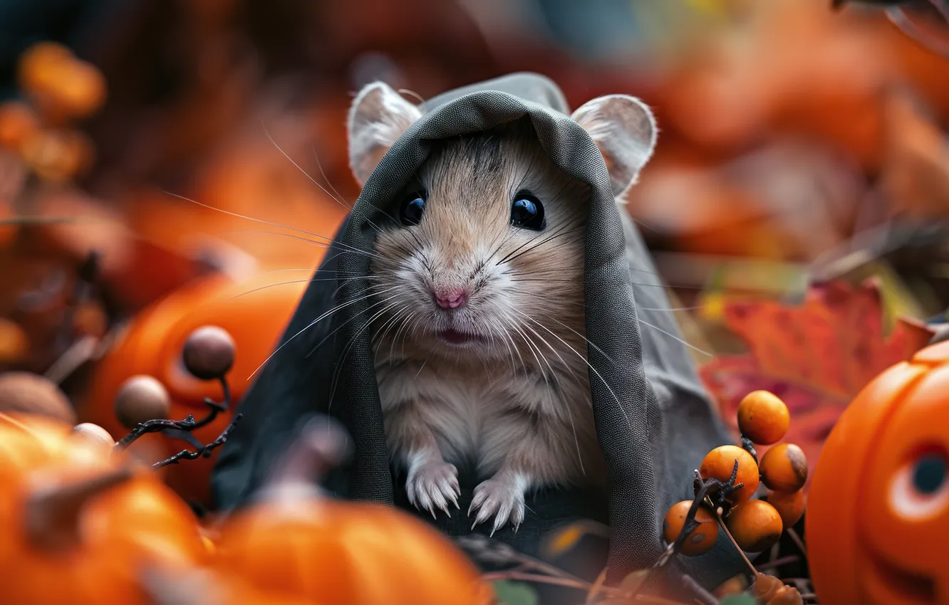 Photo wallpaper Halloween, neural network, look, hamster, holiday, hamster, AI art, mouse