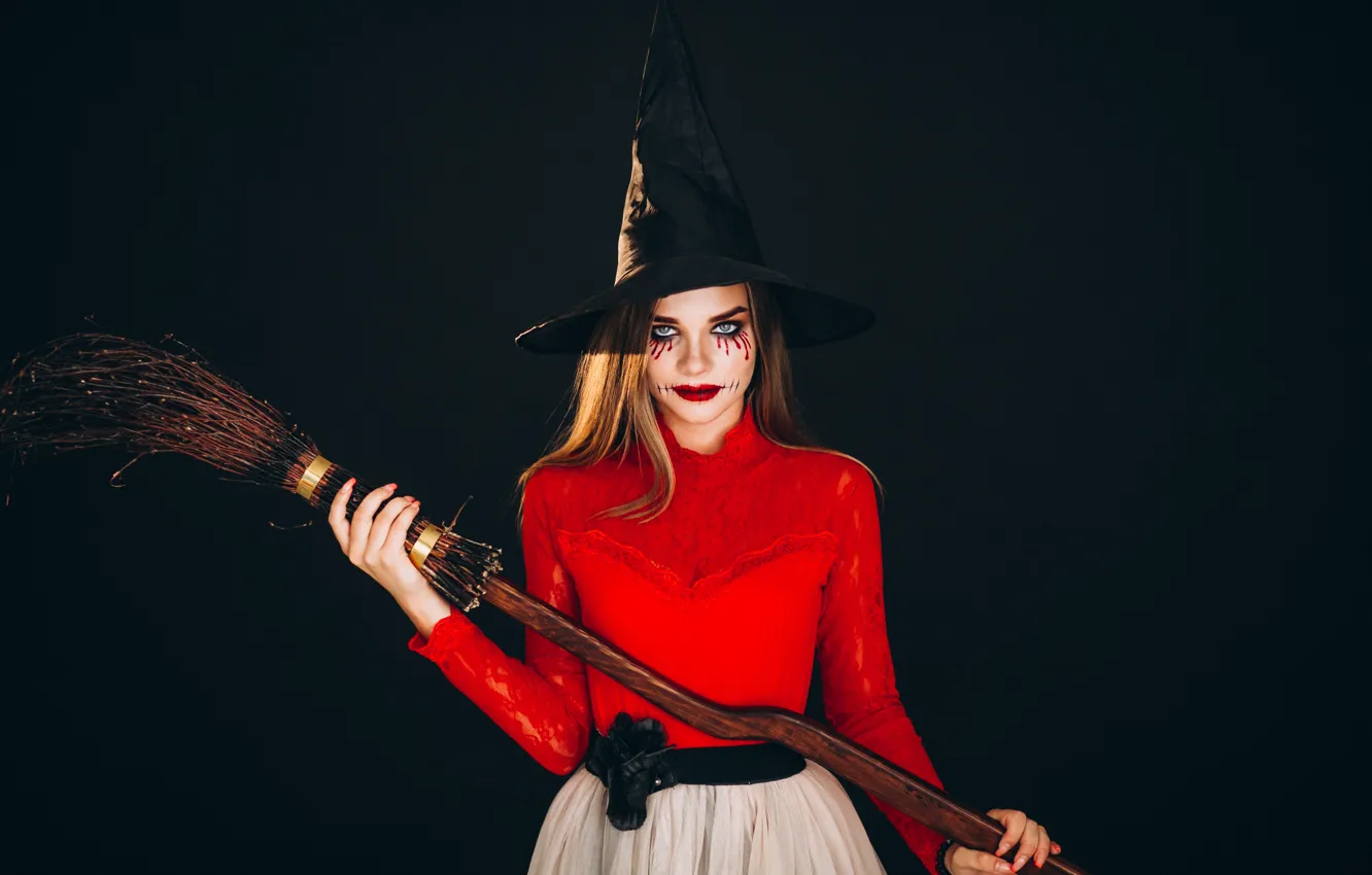 Photo wallpaper autumn, girl, the dark background, holiday, makeup, pumpkin, Halloween, witch