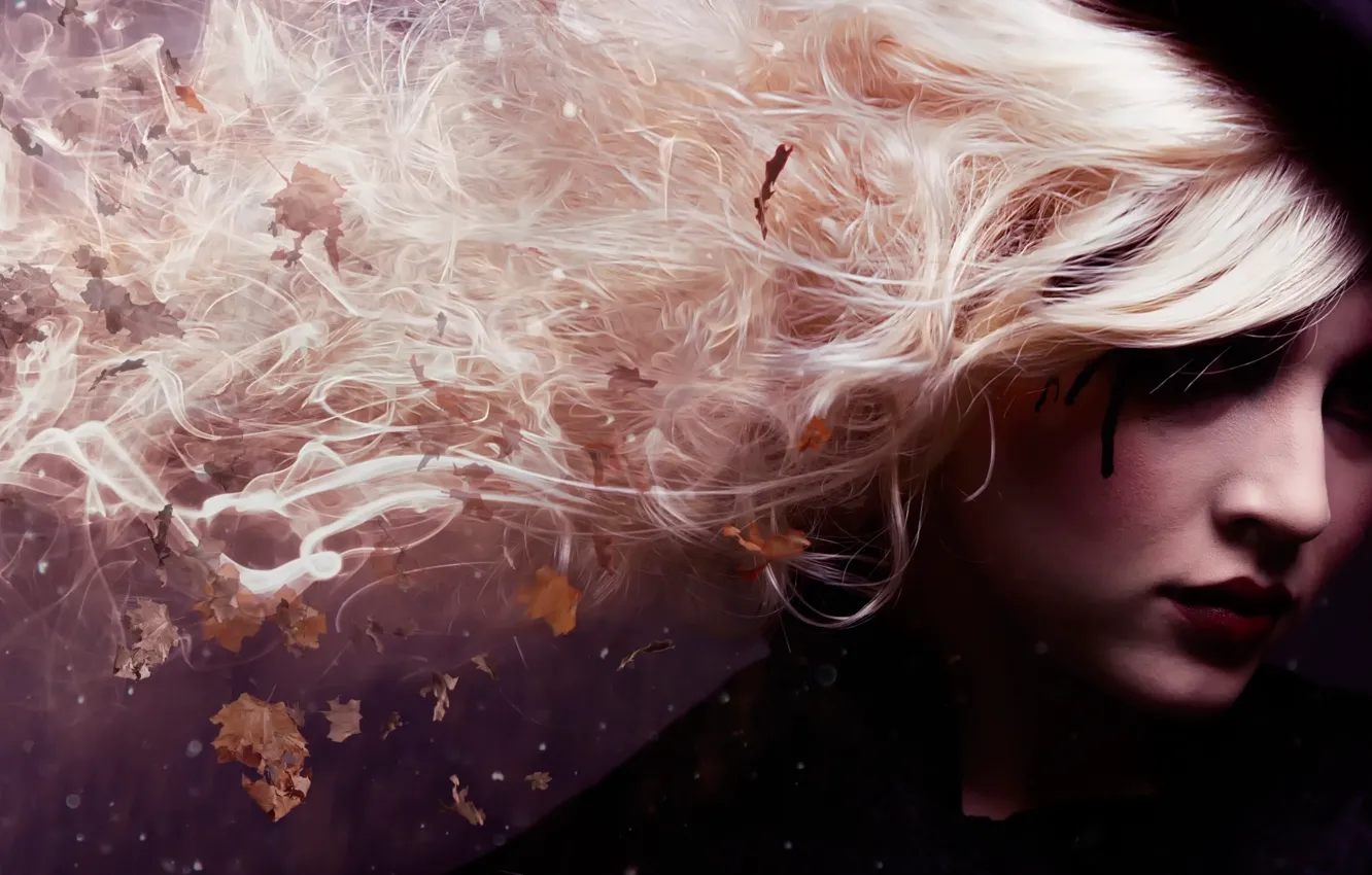 Photo wallpaper leaves, hair, hat, leaves, hair, portrait, style of fall