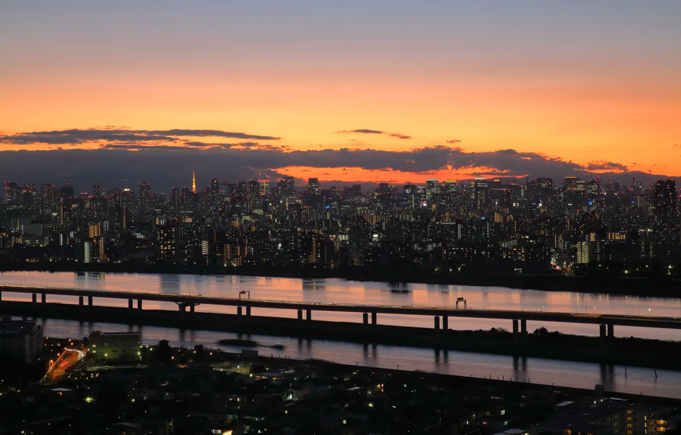Photo wallpaper Tokyo, Japan, twilight, sunset, clouds, dusk, buildings, reflections