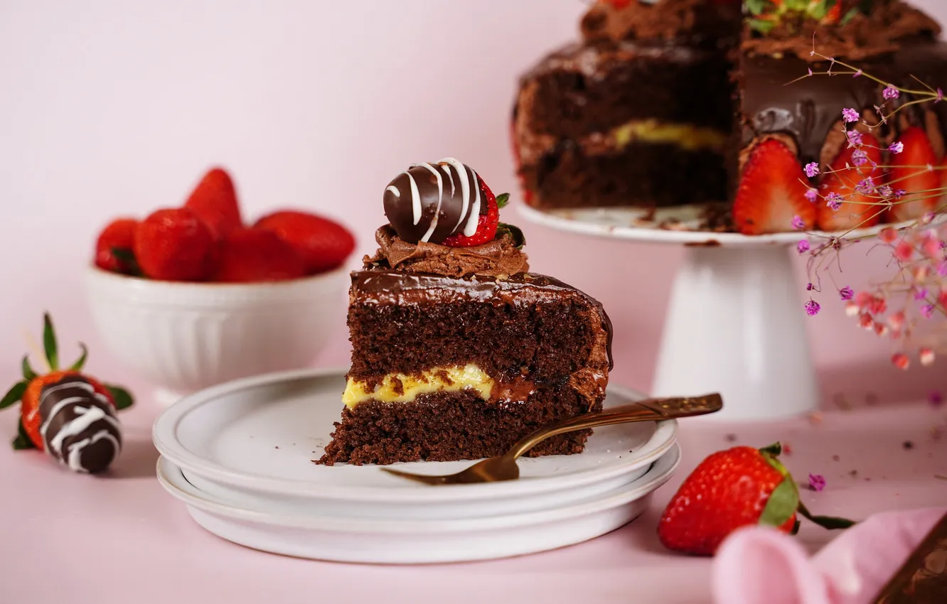 Photo wallpaper strawberry, cake, piece