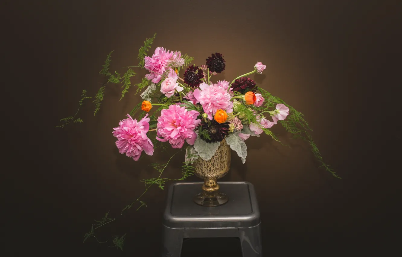 Photo wallpaper flowers, background, Wallpaper, bouquet, vase, peonies