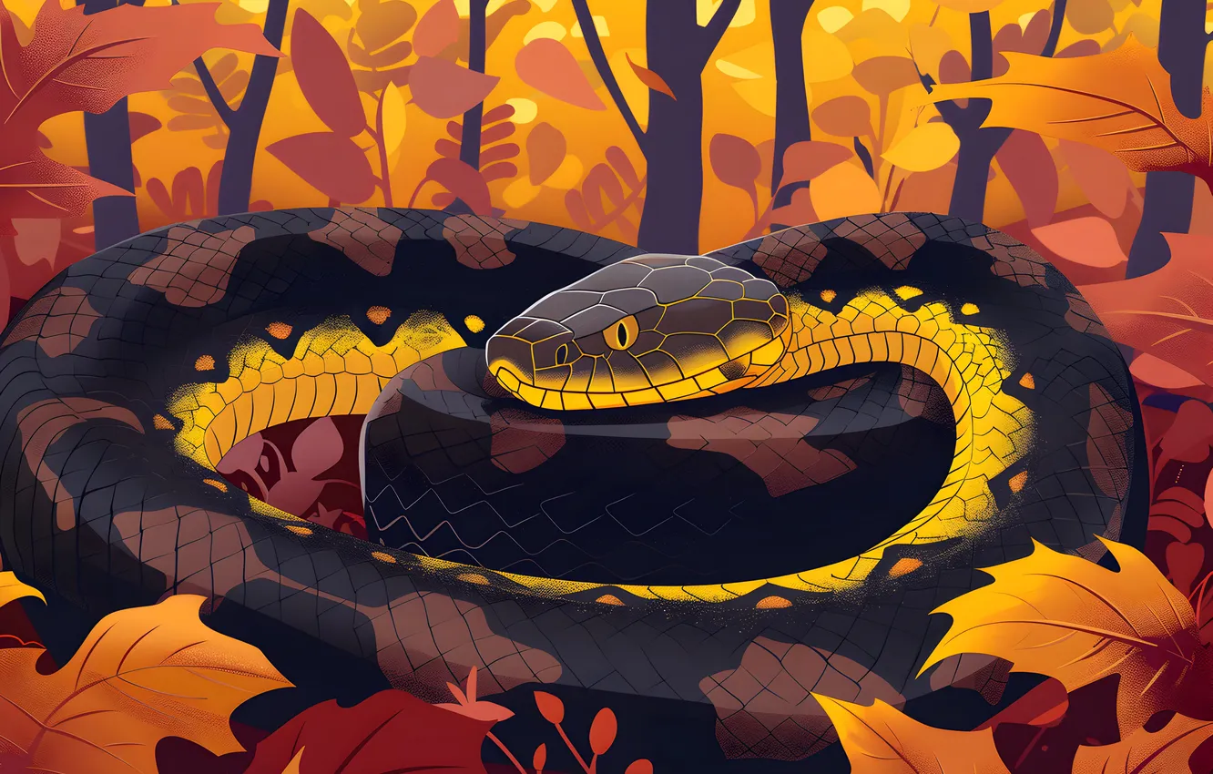 Photo wallpaper look, face, leaves, trees, animal, snake, art, reptile