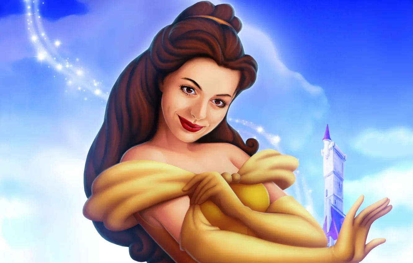 Photo wallpaper the sky, girl, smile, castle, dress, art, gloves, Belle
