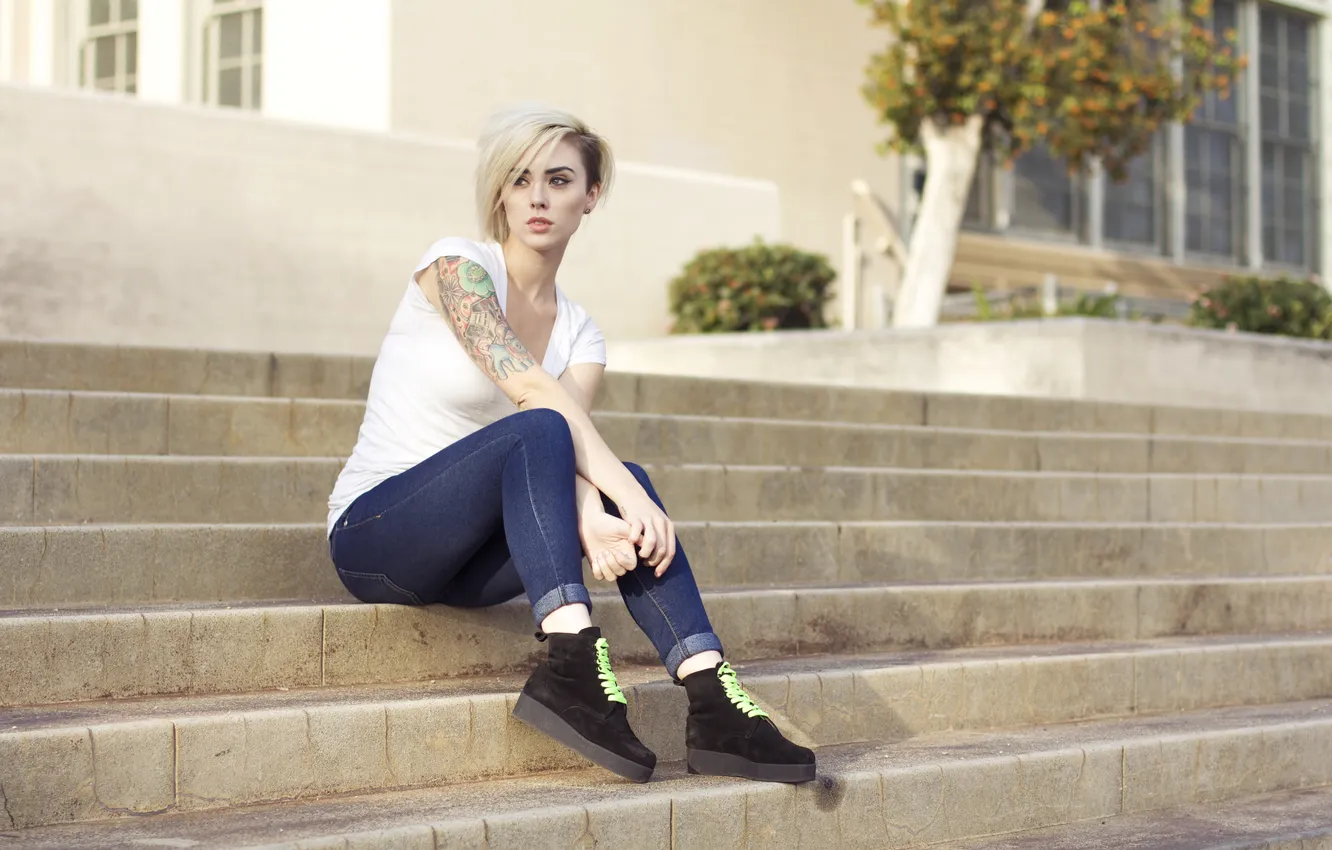 Photo wallpaper girl, Model, woman, tattoo, jeans, blonde, tattoos, female