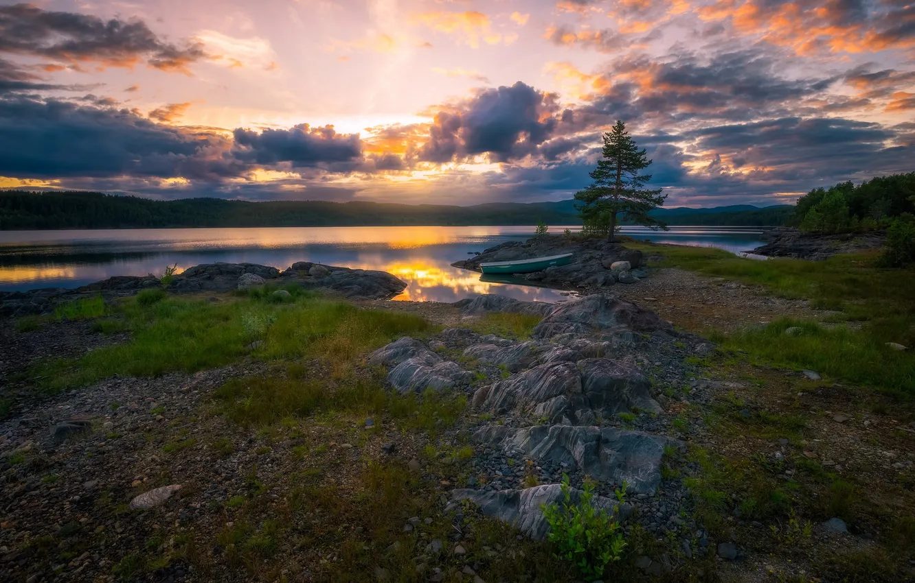 Photo wallpaper sunset, nature, lake
