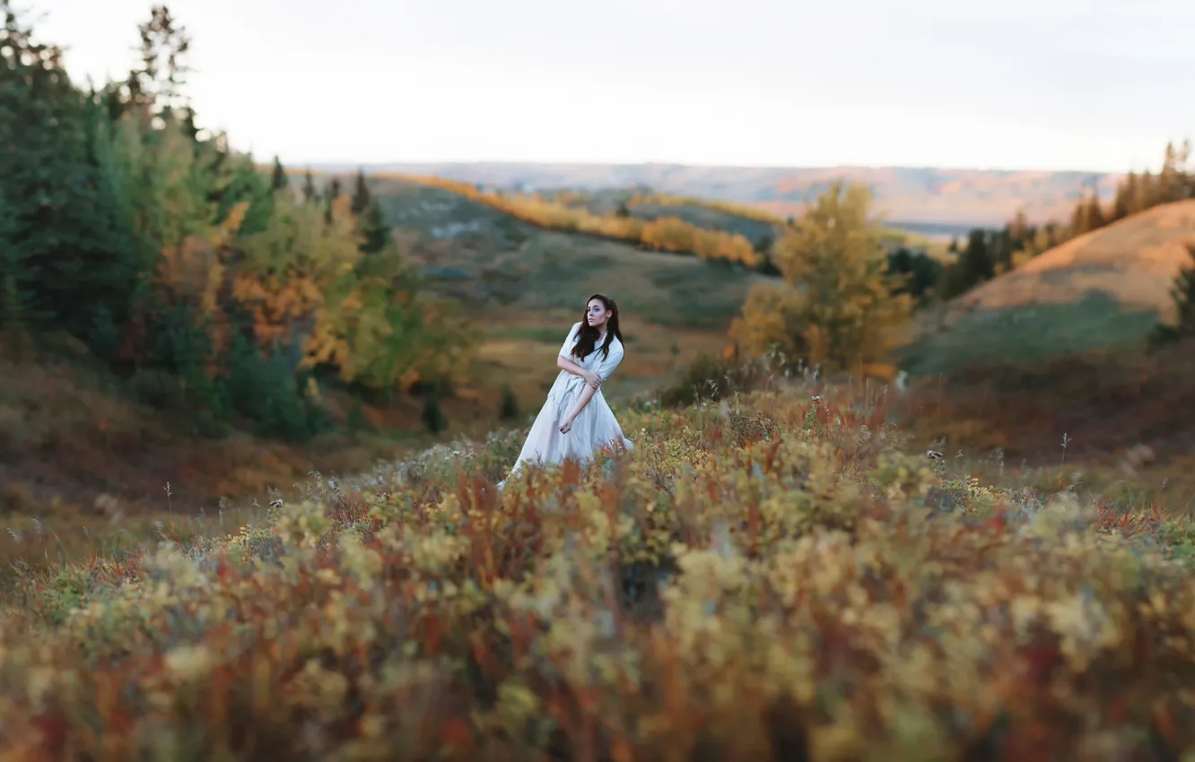 Photo wallpaper grass, girl, trees, hills, bokeh