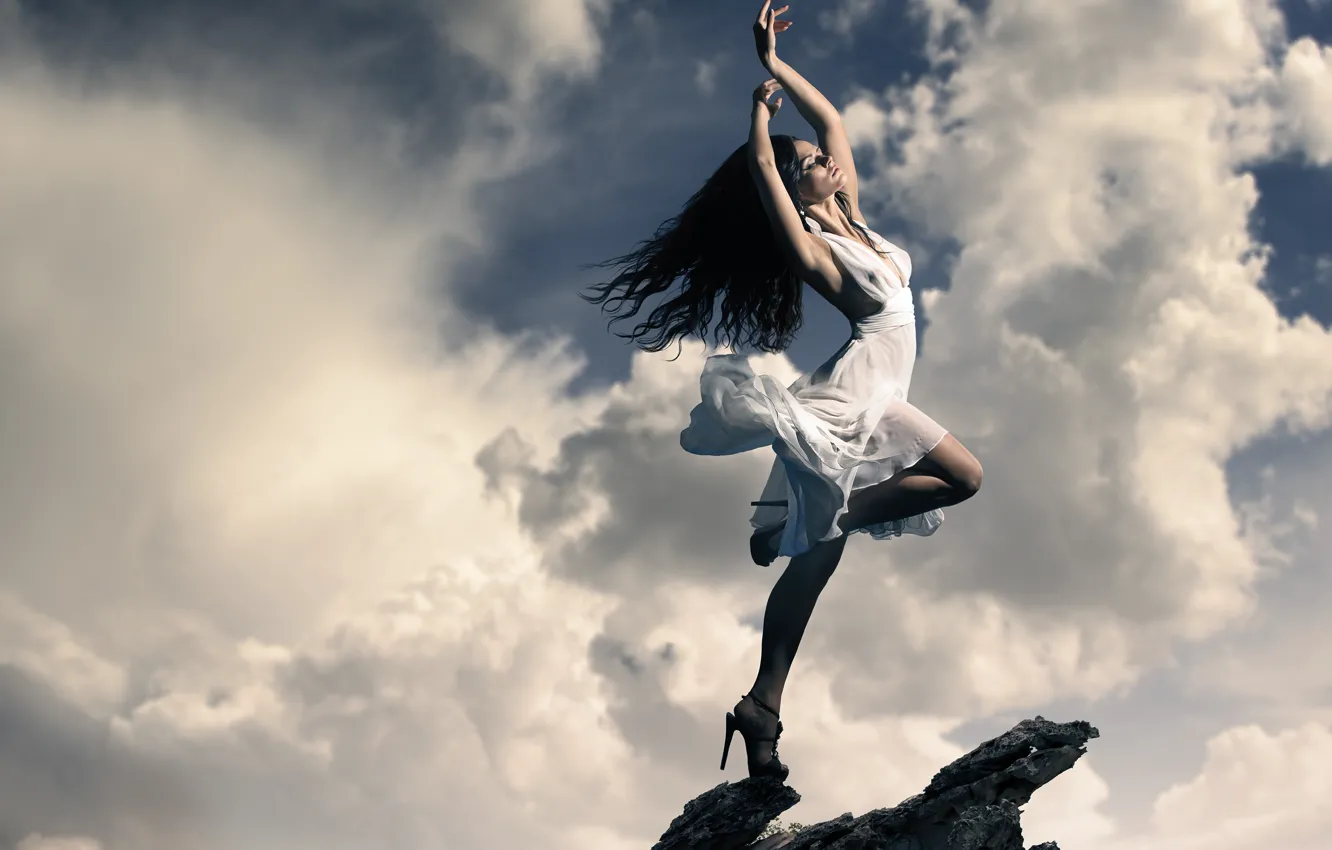 Photo wallpaper the sky, the sun, clouds, pose, stones, rocks, makeup, figure